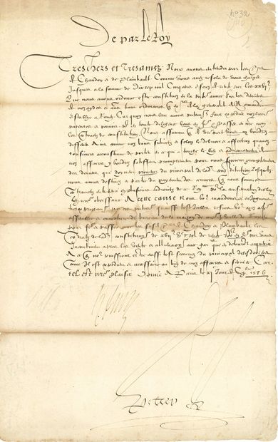 null HENRI III (1551-1589) King of France. P.S., countersigned by the secretary of...