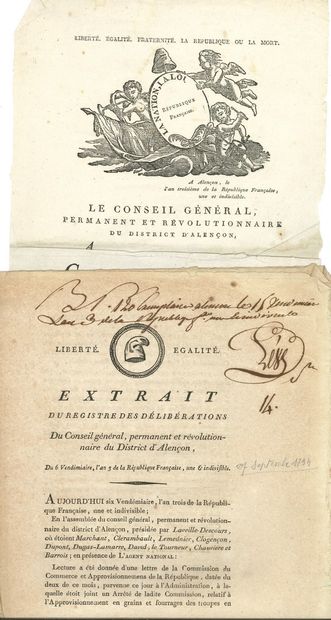 null Généralité d'alençon. 2 affiches, Alençon 1783-1784 ; grand in-fol., vignettes,...