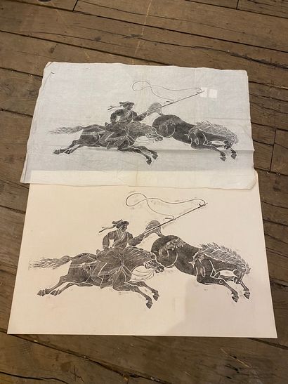 null Cavalier et deux chevaux, deux reproductions