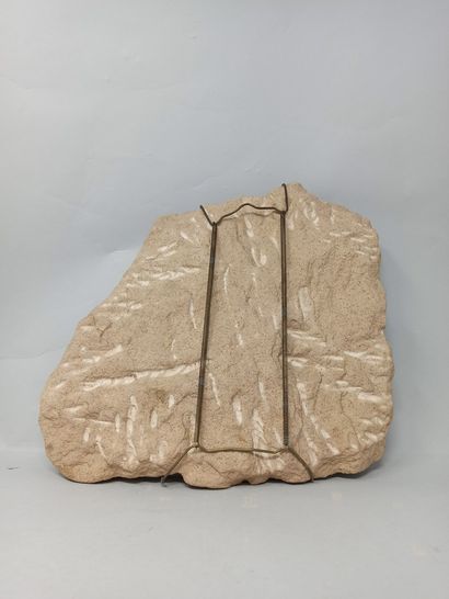 null Important fragment figurant un égyptien portant une coiffe de pharaon.

Grès...