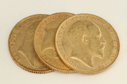 Three gold coins of 1 sovereign Edward VII.

1908...