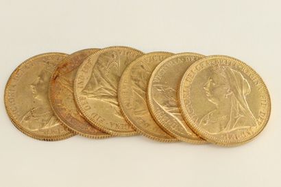 Six gold coins of 1 sovereign Victoria 