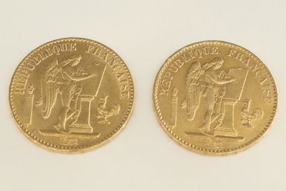 Two gold coins of 20 francs Genie IIIème...