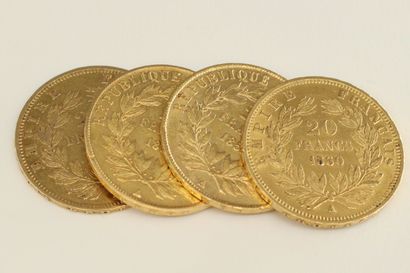 null Four gold coins of 20 francs Napoleon III bare head.

1852 A (x2) - 1858 A (x1)...