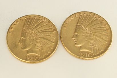 null Deux pièces en or de 10 dollars " Indian Head - Eagle " avec devise.

- 1910...