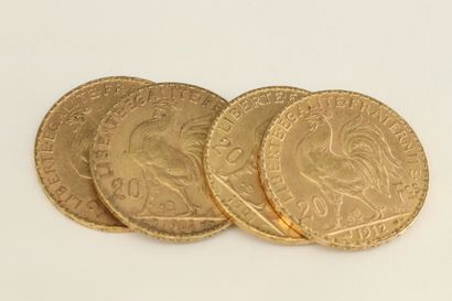 null Four gold coins of 20 francs Coq.

1901 (x1) - 1904 (x1) - 1908 (x1) - 1912...