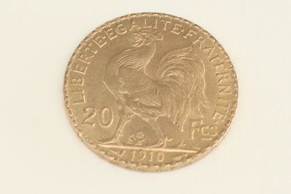 null Gold coin of 20 francs with rooster (1910)

TTB to SUP.

Weight : 6.45 g.