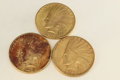 null Trois pièces en or de 10 dollars " Indian Head - Eagle " avec devise.

1912...
