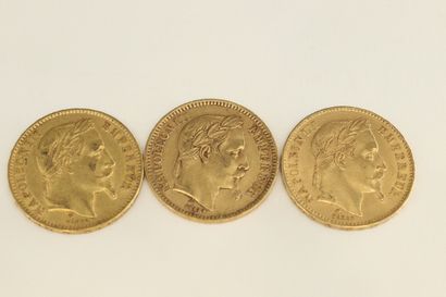 Three gold coins of 20 francs Napoleon III...