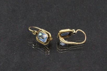 null Pair of 18k (750) yellow gold earrings holding rectangular cut-off aquamarines...