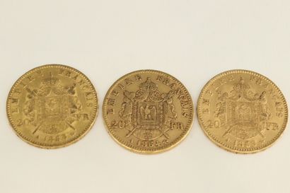 null Three gold coins of 20 francs Napoleon III head.

1864 A (x1) - 1868 A (x2)...