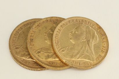 Three gold coins of 1 sovereign Victoria...