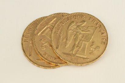 Trois pièces en or de 20 francs Génie IIIè...