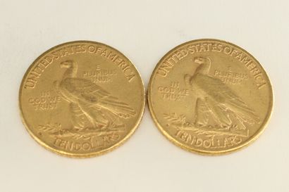 null Deux pièces en or de 10 dollars " Indian Head - Eagle " avec devise.

- 1910...