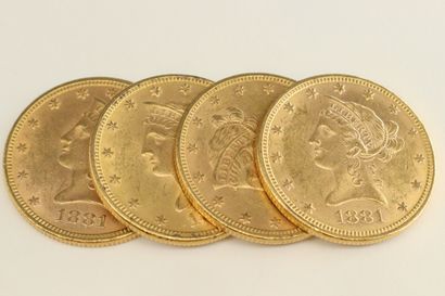 null Quatre pièces en or de 10 dollars " Coronet Head - Eagle " avec devise.

1881...