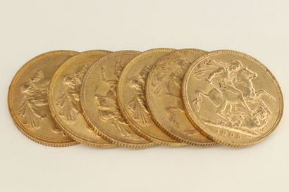 null Six pièces en or de 1 souverain Edouard VII.

1905 (x6)



Poids : 47.80 g -...