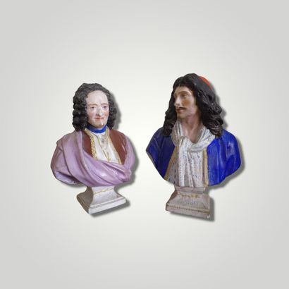 null 
Deux bustes en biscuit polychrome figurant Molière et Voltaire. 


Ht. : 20...