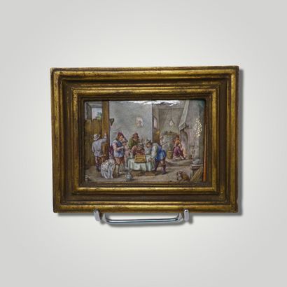 null Enamel plate on copper showing tric trac players in a tavern.

6 x 9 cm.