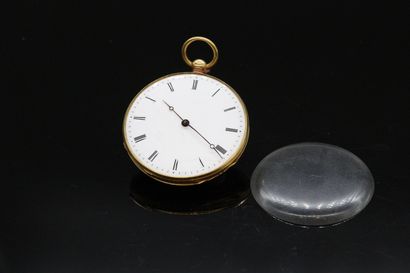null Pocket watch in 18k (750) yellow gold, dial with white enamel background (accident)...