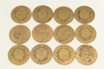 null Lot of twelve gold coins including:

- 10 francs Ceres (1851 A)

- 4 x 10 francs...