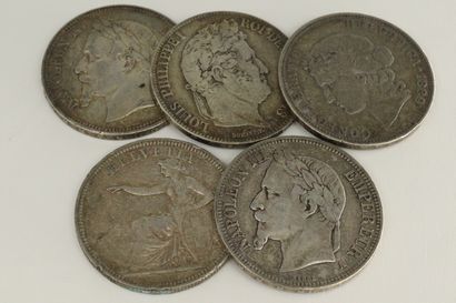 null Cinq pièces de 5 francs en argent du XIXème :

- Louis-Philippe I Type Domard,...