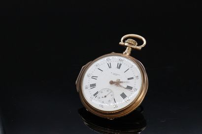 null 18K (750) yellow gold pocket watch, enameled dial with white background signed...