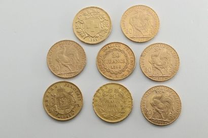 null Lot of 8 gold coins of 20 francs including : 

- Napoleon III bare head (1855...