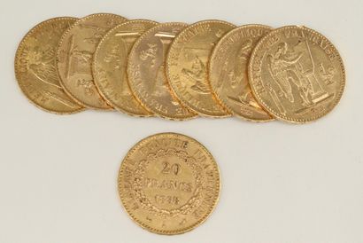 null Lot de huit pièces en or de 20 francs au Génie. (1875 A ; 1876 A ; 1877 A x2...