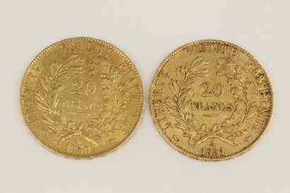 null Lot de deux pièces en or de 20 francs Cérès. (1850 A et 1851 A)

TTB

Poids...