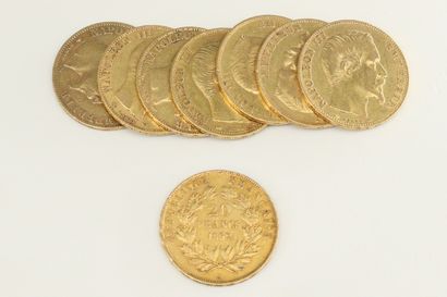 Lot of eight gold coins of 20 francs Napoleon...