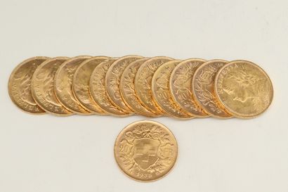 null Lot de treize pièces en or de 20 francs Helvétia (1935 B)

TTB à SUP.

Poids...