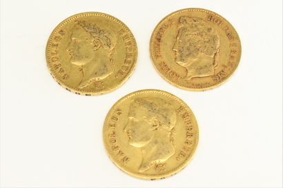 Lot de trois pièces en or de 40 francs comprenant...