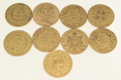 null Lot of nine gold coins including:

- 4 x 20 francs Napoleon III head (1857 A...