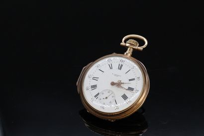null 18K (750) yellow gold pocket watch, enameled dial with white background signed...