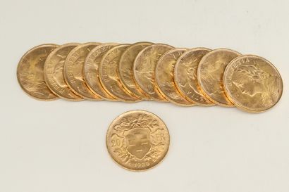 Lot de douze pièces en or de 20 francs Helvétia...