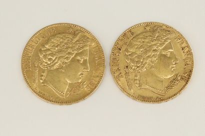 Lot de deux pièces en or de 20 francs Cérès....