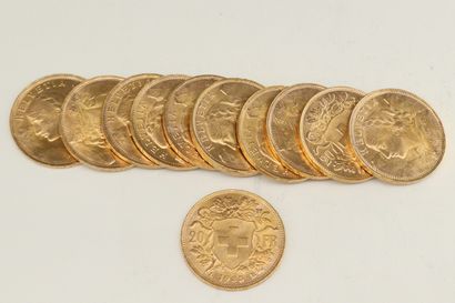 Lot de treize pièces en or de 20 francs Helvétia...