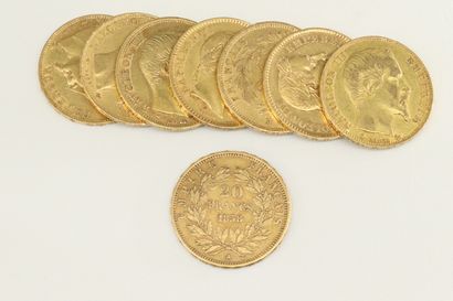 null Lot of eleven gold coins including:

- 6 x 20 francs Napoleon III bareheaded...