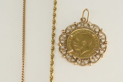 null Sovereign gold coin mounted in a 14k (585) yellow gold corolla pendant 

Two...