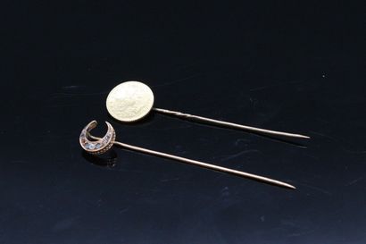 null Two 18K (750) yellow gold pins, one with a coin, the other with a crescent moon...