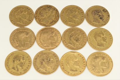 null Lot of twelve gold coins including:

- 10 francs Ceres (1851 A)

- 4 x 10 francs...