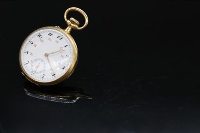null Pocket watch in 18k (750) yellow gold, enameled dial with Arabic numerals for...