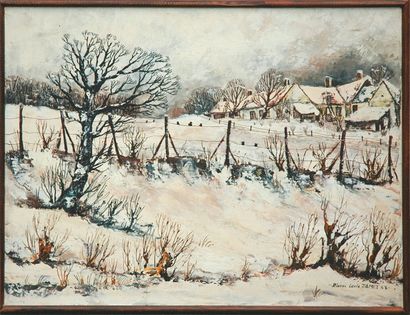 JAMET Pierre Louis Nouant sous la neige Huile sur toile. Signée en bas à droite....