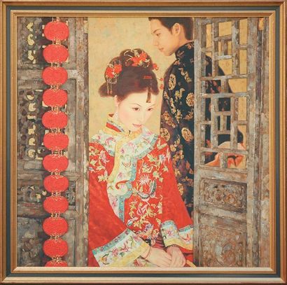 JUN YING WANG (Née en 1970) Petite mariée Huile sur toile. Signée en bas à droite....