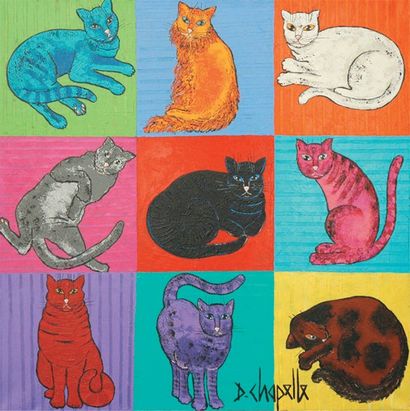 CHAPELLE Dominique (Né en 1941) Vies de chats Huile sur toile. Signée en bas à droite....
