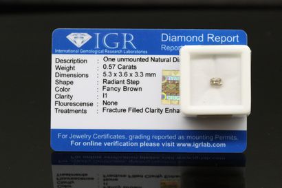 null Rectangular fancy brown diamond with cut sides under seal. 

Accompanied by...