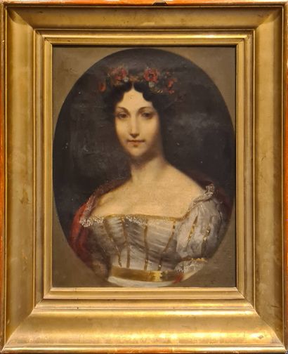 null ANONYME XIXe siècle,

Jeune femme à la couronne de fleurs,

huile sur toile...