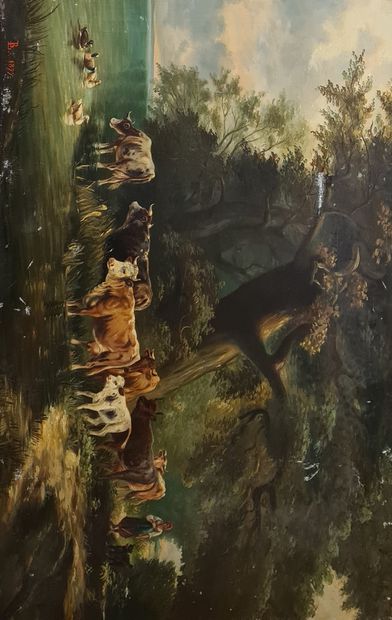 null ECOLE XIXeme siècle 

troupeau de vaches au bord d'une rivière, 1877

Huile...