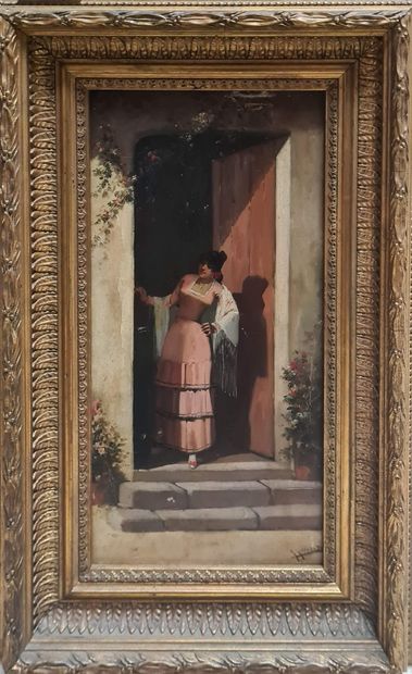 null ÉCOLE ESPAGNOLE FIN XIXe siècle,

Espagnole à la porte,

huile sur panneau (petits...