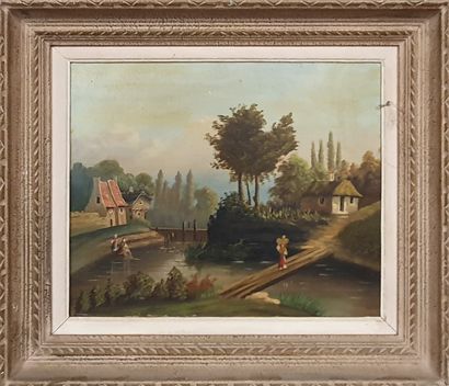 null ECOLE XIXème siècle 

Femmes au ruisseau, 

Huile sur toile non signée. 

38x46.5cm

Traces...